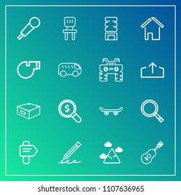 Modern, simple vector icon set on gradient background with extreme, find, concept, sky, karaoke, mountain, board, concert, pencil, container, web, musical, room, chair, guitar, search, cooler icons