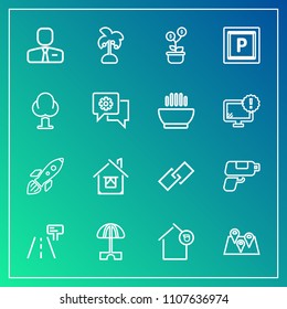 Modern, simple vector icon set on gradient background with forest, gun, vehicle, hyperlink, pin, road, architecture, building, tropical, parasol, people, landlord, sign, money, leaf, business icons