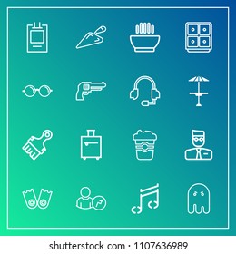 Modern, simple vector icon set on gradient background with sea, trip, paintbrush, brush, sound, sport, business, safe, fear, badge, suitcase, paint, profile, cafe, user, halloween, travel, label icons