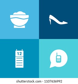Modern, simple vector icon set on colorful background with connection, hand, footwear, time, cooking, beverage, restaurant, date, reminder, agenda, phone, communication, month, menu, technology icons