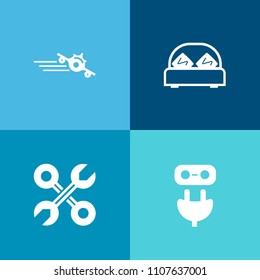 Modern, simple vector icon set on colorful background with airplane, comfortable, aircraft, service, reparation, connect, socket, jet, white, tool, transportation, repair, aviation, tourism, air icons