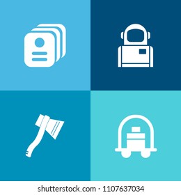 Modern, simple vector icon set on colorful background with tag, identity, astronomy, spaceship, cosmonaut, earth, axe, science, security, luggage, exploration, card, sign, vacation, work, cosmos icons