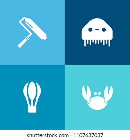 Modern, simple vector icon set on colorful background with creature, wall, painter, shell, hot, spaceship, restaurant, transportation, color, fiction, shellfish, futuristic, extraterrestrial icons