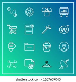 Modern, simple vector icon set on gradient background with marketing, white, clean, destination, communication, travel, way, dish, certificate, male, trolley, hanger, clothes, clothing, file icons