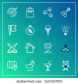 Modern, simple vector icon set on gradient background with fashion, background, music, shop, drink, light, pretty, scene, route, navigation, musical, clothes, road, seat, people, string, palm icons