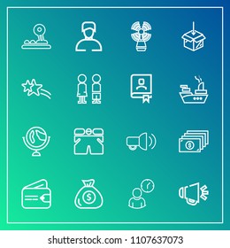 Modern, simple vector icon set on gradient background with voice, white, sound, fashion, arrow, business, loudspeaker, package, wallet, speaker, web, boy, communication, hour, falling, financial icons