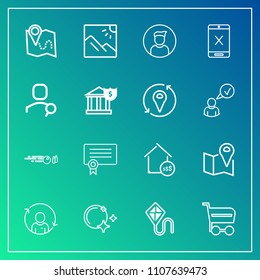 Modern, simple vector icon set on gradient background with joy, refresh, male, connection, strike, internet, buy, house, pin, landscape, cancel, trolley, ball, star, certificate, hit, person icons