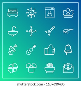 Modern, simple vector icon set on gradient background with alarm, interior, concert, sign, post, food, web, music, display, fashion, search, space, screen, business, shirt, bell, pie, internet icons