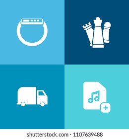 Modern, simple vector icon set on colorful background with device, knight, cargo, delivery, transport, pawn, mobile, time, play, game, technology, gadget, file, shipping, touch, smart, chess icons