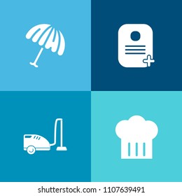 Modern, simple vector icon set on colorful background with umbrella, chief, weather, household, protection, identification, identity, hat, equipment, kitchen, user, rain, restaurant, domestic icons