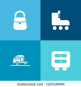 Modern, simple vector icon set on colorful background with caravan, handbag, bag, fashion, fun, trip, camp, camper, leisure, skate, storage, nature, shoe, sign, sport, roller, transport, cabinet icons