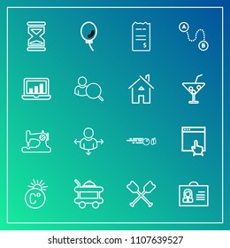 Modern, simple vector icon set on gradient background with bed, sign, website, female, time, holiday, oar, hobby, service, celebration, sewing, thermometer, food, water, paddle, person, scale icons