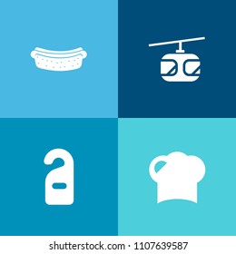 Modern, simple vector icon set on colorful background with meal, eat, food, chef, snack, american, motel, restaurant, service, cable, transport, white, meat, hotdog, blue, barbecue, cuisine, hot icons