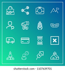 Modern, simple vector icon set on gradient background with equipment, fashion, holiday, money, white, time, plastic, closed, construction, bag, leather, sand, film, business, nature, event, car icons
