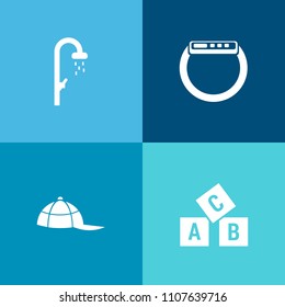 Modern, simple vector icon set on colorful background with technology, smart, hat, headwear, home, device, cap, spa, fashion, wet, style, wash, hygiene, clean, bath, abc, internet, watch, clock icons