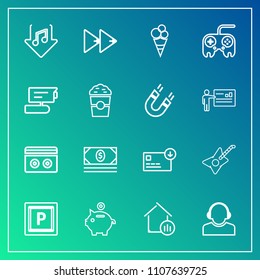 Modern, simple vector icon set on gradient background with money, audio, stereo, business, internet, service, player, view, sweet, property, transport, estate, finance, vehicle, button, bank, tv icons
