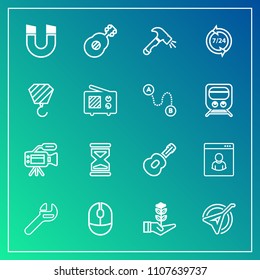 Modern, simple vector icon set on gradient background with musical, device, life, tool, clock, construction, folk, hour, instrument, tripod, shovel, tree, service, microphone, support, profile icons