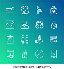 Modern, simple vector icon set on gradient background with website, sack, cord, standing, boy, subscription, coaxial, nature, mouse, wear, click, grizzly, people, picture, uniform, dumper, money icons
