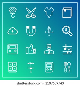Modern, simple vector icon set on gradient background with background, safe, spoon, table, construction, good, restaurant, girl, money, scene, fashion, kitchen, cloud, up, add, sound, hand, bank icons