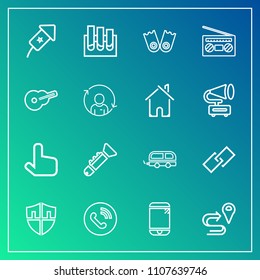 Modern, simple vector icon set on gradient background with technology, web, map, travel, holiday, medicine, route, protection, medical, shield, trumpet, security, sport, transportation, ring icons