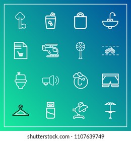 Modern, simple vector icon set on gradient background with computer, restroom, white, glass, wear, juice, table, bathroom, hanger, megaphone, old, present, people, vintage, home, fashion, icons