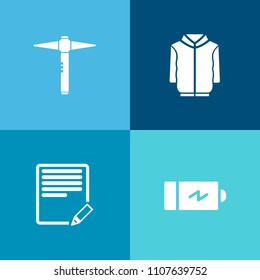 Modern, simple vector icon set on colorful background with fashion, writer, write, repair, power, document, work, tool, energy, load, editor, full, jacket, apparel, clothes, hardware, pen, check icons