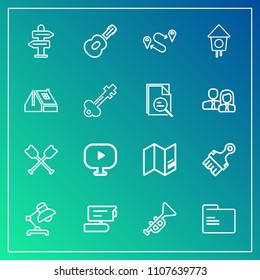 Modern, simple vector icon set on gradient background with paint, folder, paintbrush, map, camera, office, home, point, record, arrow, paddle, trumpet, way, table, direction, jazz, guitar, brush icons