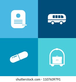 Modern, simple vector icon set on colorful background with vehicle, road, business, urban, shower, vitamin, safe, tablet, pill, user, hotel, vacation, motion, travel, service, medicine, security icons