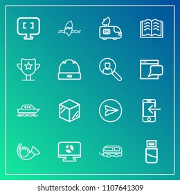 Modern, simple vector icon set on gradient background with transportation, trumpet, travel, surf, web, satellite, computer, surfing, packaging, message, book, yacht, infographic, communication icons