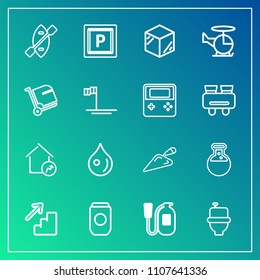 Modern, simple vector icon set on gradient background with tin, aluminum, transport, container, upstairs, vehicle, street, boat, liquid, toilet, emergency, shovel, rain, equipment, construction icons