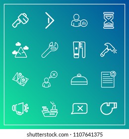 Modern, simple vector icon set on gradient background with hammer, profile, loudspeaker, house, luggage, contract, suitcase, travel, screwdriver, pin, arrow, whistle, marine, tool, internet, map icons