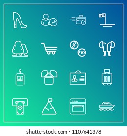 Modern, simple vector icon set on gradient background with button, baggage, office, airport, sea, finance, web, boat, luggage, late, ocean, food, travel, person, tshirt, nature, landscape, shoe icons