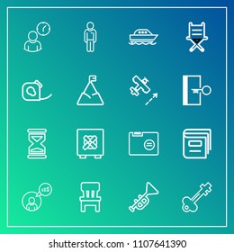 Modern, simple vector icon set on gradient background with office, door, seat, male, interior, armchair, jazz, vintage, book, boat, old, musical, business, security, clock, bank, key, folder icons