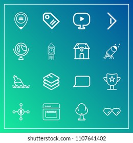 Modern, simple vector icon set on gradient background with landscape, success, video, equipment, environment, glasses, forest, award, job, talk, drink, tag, tree, price, technology, location icons