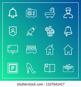 Modern, simple vector icon set on gradient background with transport, laptop, interior, protection, style, architecture, alert, bathroom, male, book, boy, car, estate, home, man, wireless, bell icons