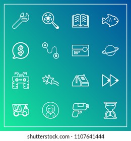 Modern, simple vector icon set on gradient background with holiday, pistol, dumper, magnifying, roof, tool, search, music, rewind, tipper, paper, equipment, vehicle, spanner, audio, timer, clock icons