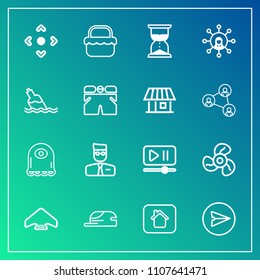 Modern, simple vector icon set on gradient background with player, technology, button, white, hat, cool, web, fan, communication, message, monster, alien, building, air, parachute, parachuting icons