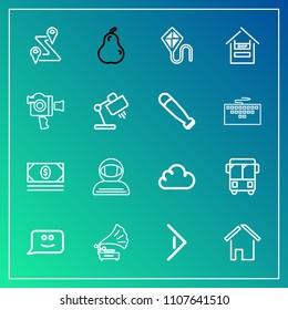 Modern, simple vector icon set on gradient background with transport, food, pear, money, spacesuit, route, astronaut, cloud, gramophone, cash, cosmonaut, bank, location, right, fresh, coin, kite icons