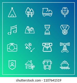 Modern, simple vector icon set on gradient background with landscape, rent, transportation, white, flight, home, outdoor, adventure, property, environment, communication, tent, travel, telephone icons