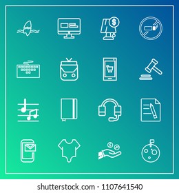 Modern, simple vector icon set on gradient background with microphone, business, email, book, surfing, planet, support, website, moon, electricity, astronaut, finance, phone, document, office icons