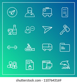 Modern, simple vector icon set on gradient background with blank, worker, road, bellhop, paper, bus, market, exercise, internet, sport, workout, marine, website, notebook, communication, email icons