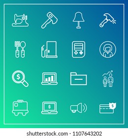 Modern, simple vector icon set on gradient background with axe, bank, web, cash, bag, personal, document, hammer, storage, machine, fashion, light, money, craft, computer, graphic, tool, sew icons