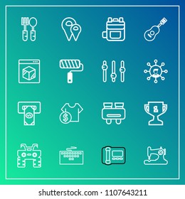 Modern, simple vector icon set on gradient background with fork, map, atv, atm, spy, phone, work, place, pin, sewing, craft, keyboard, technology, extreme, bank, cash, winner, rucksack, computer icons