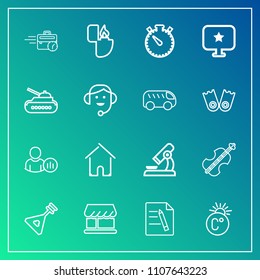 Modern, simple vector icon set on gradient background with late, office, paper, instrument, file, musical, shop, internet, online, fire, curtain, folk, sound, white, temperature, science, string icons
