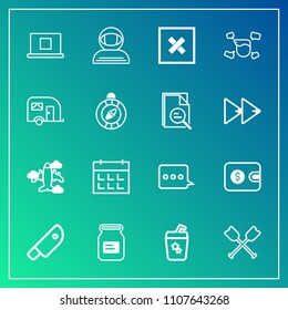Modern, simple vector icon set on gradient background with paddle, can, cocktail, airplane, plane, container, astronaut, internet, glass, science, travel, profile, calendar, canoe, cosmonaut icons