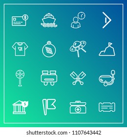 Modern, simple vector icon set on gradient background with aid, paddle, water, bank, time, summer, mask, glasses, work, canoe, right, business, yacht, clock, spy, kit, flag, cooler, snorkel, box icons