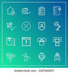 Modern, simple vector icon set on gradient background with voice, unknown, tape, song, white, travel, microphone, road, property, music, business, medical, checklist, red, home, handle, camera icons