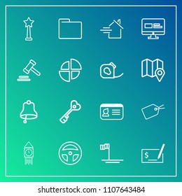 Modern, simple vector icon set on gradient background with blue, medal, identity, mexico, technology, name, alarm, baja, key, london, business, success, ring, door, property, identification, tag icons