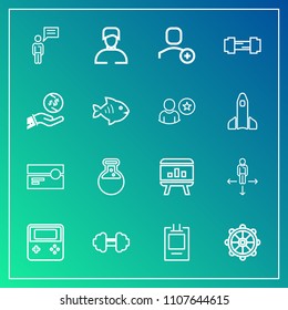 Modern, simple vector icon set on gradient background with laboratory, sign, medicine, workout, chat, music, equipment, cassette, person, badge, account, nautical, tape, arrow, chart, stereo icons