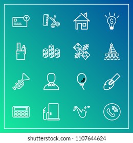 Modern, simple vector icon set on gradient background with concept, air, estate, bugle, circle, holiday, cash, shovel, musical, trumpet, oil, gas, gasoline, salon, profile, work, petrol, fashion icons